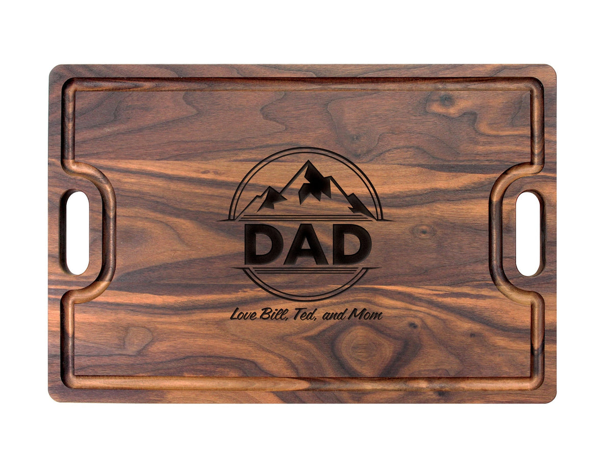 Gift for Dad Cutting Board in dark walnut wood with engraved mountain logo and DAD lettering on Tampa Home & Garden Store