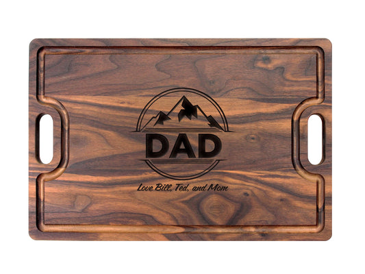 Gift for Dad Cutting Board in dark walnut wood with engraved mountain logo and DAD lettering on Tampa Home & Garden Store