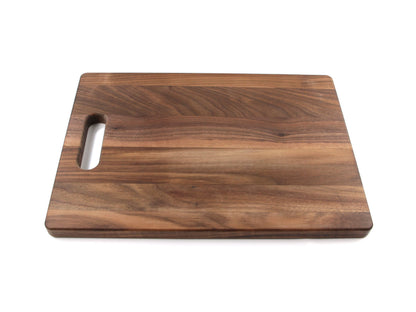 Wood cutting board with left handle slot, rich brown wood grain USA made on Tampa Home & Garden Store