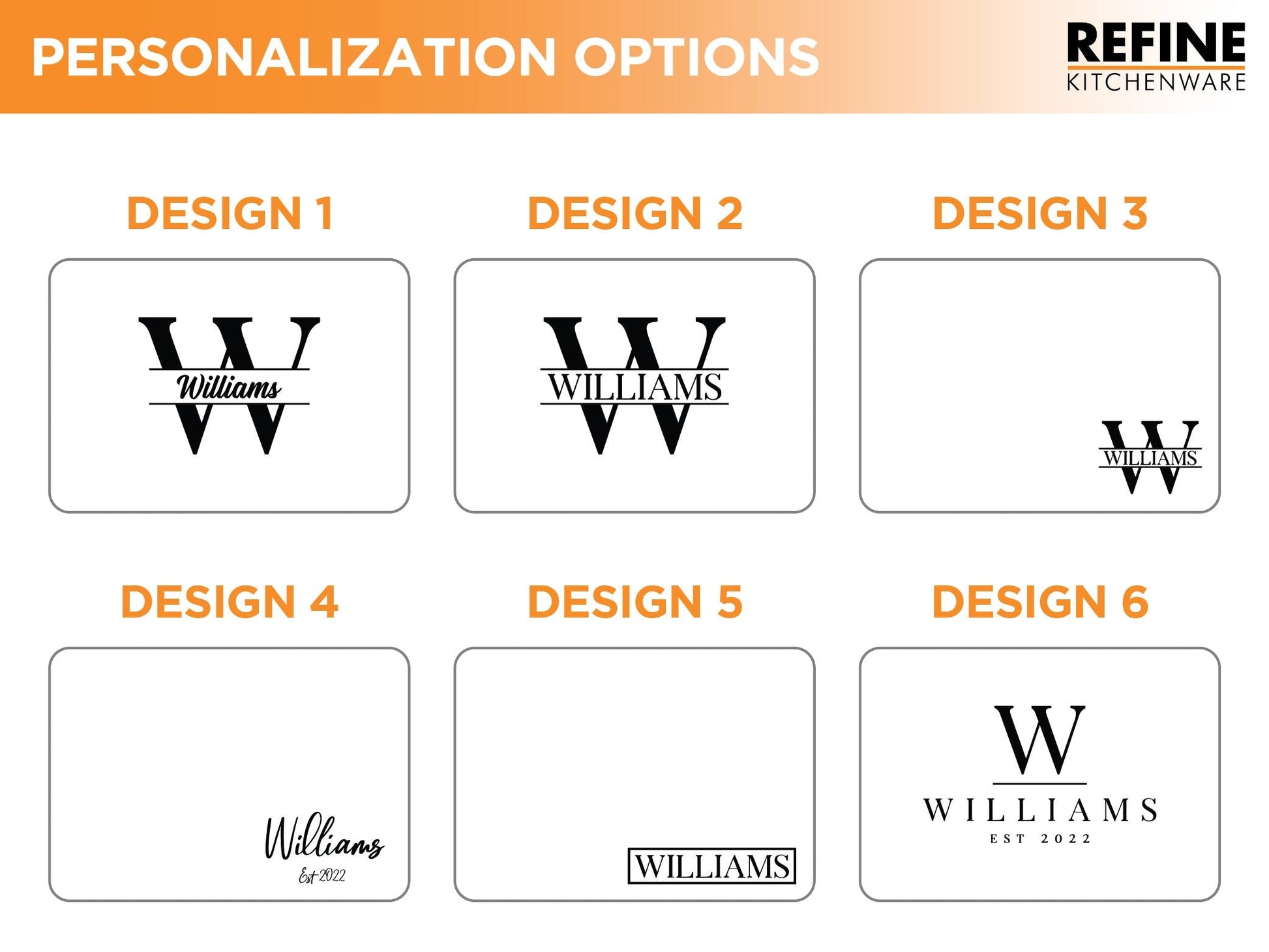 Walnut cutting board personalization grid with 6 Williams logo styles by Refine Kitchenware on Tampa Home & Garden Store
