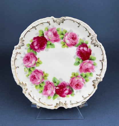 Plato de postre antiguo de Baviera: rosas pintadas a mano, borde dorado (19,5 cm)