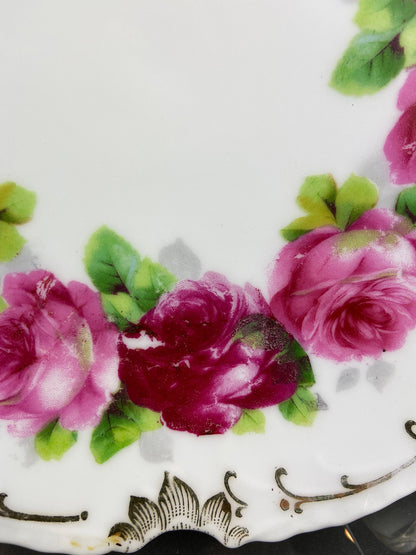 Plato de postre antiguo de Baviera: rosas pintadas a mano, borde dorado (19,5 cm)