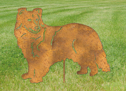 Shetland Sheepdog garden stake by Rustica Ornamentals, rust-colored metal silhouette for lawn decor on Tampa Home & Garden Store