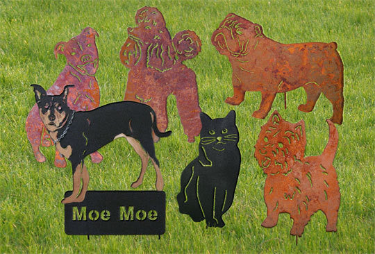 Toy Poodle Memorial lawn ornament with rusted dog silhouettes on green lawn Moe Moe plaque on Tampa Home & Garden Store