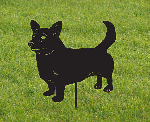 Corgi Welsh Garden Stake silhouette, black metal lawn ornament on grass on Tampa Home & Garden Store