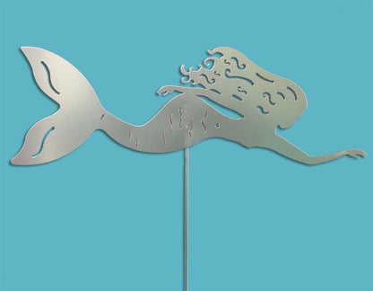 Mermaid garden statue silhouette in silver metal by Rustica Ornamentals stake lawn ornament on Tampa Home & Garden Store