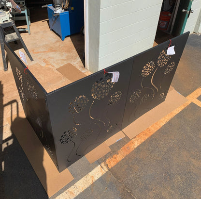 Metal privacy screen panels 46-inch, black with round cutouts and gold accents, set of 4 panels on Tampa Home & Garden Store