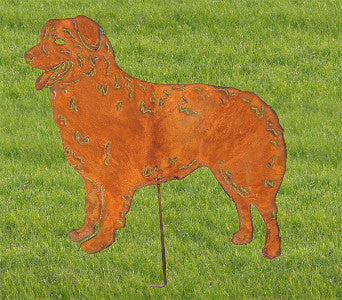 Australian Shepherd lawn statue rust-colored metal silhouette on stake Rustica Ornamentals on Tampa Home & Garden Store