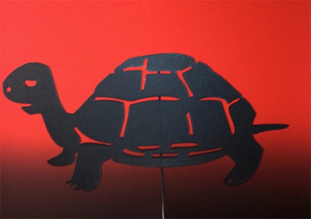 Turtle metal garden art silhouette, black iron stake with shell patterns, Rustica Ornamentals on Tampa Home & Garden Store