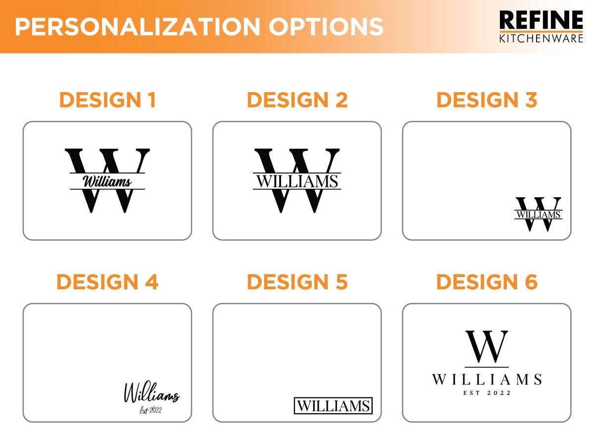 XXL maple cutting board personalization options with Williams logo designs (Design 1–3) on Tampa Home & Garden Store