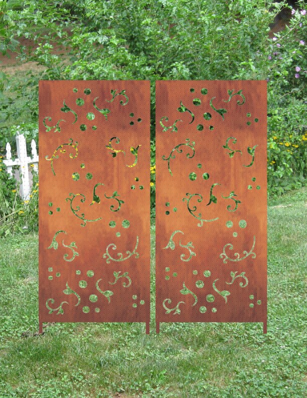 Outdoor privacy screens pair rust-colored metal panels with green vine cutouts on Tampa Home & Garden Store