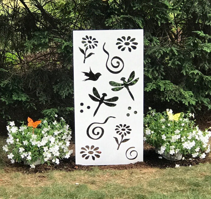 Metal wall decor panel 46in white with black floral and dragonfly cutouts Rustica Ornamentals on Tampa Home & Garden Store