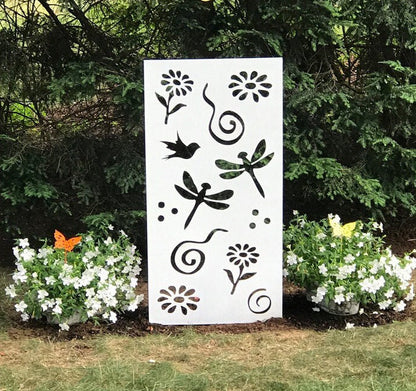 Metal wall decor panel 46in white with black floral and dragonfly cutouts Rustica Ornamentals on Tampa Home & Garden Store