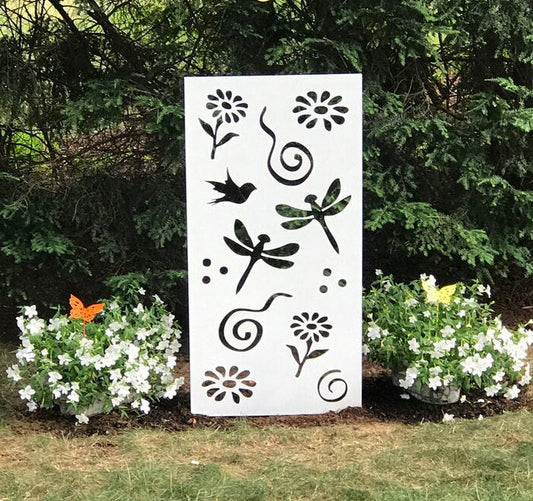 Metal wall decor panel 46in white with black floral and dragonfly cutouts Rustica Ornamentals on Tampa Home & Garden Store