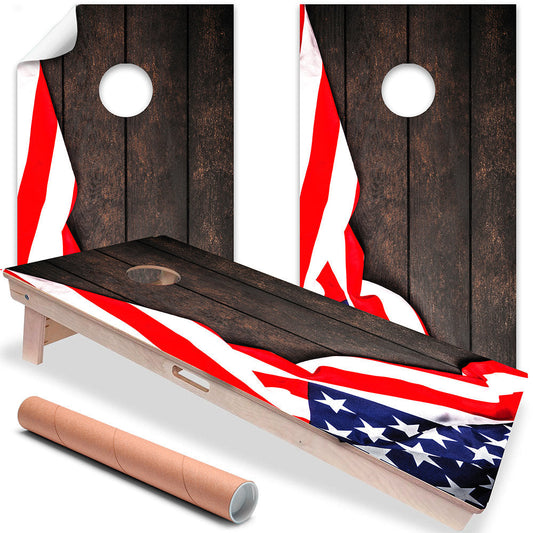American Flag on Dark Wood - Cornhole Board Wrap - Set of 2 - Tampa Home & Garden Store