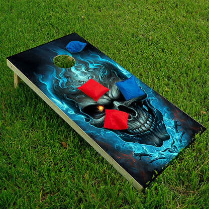 Calavera en llamas azules - Envoltura para tabla de Cornhole - Set de 2
