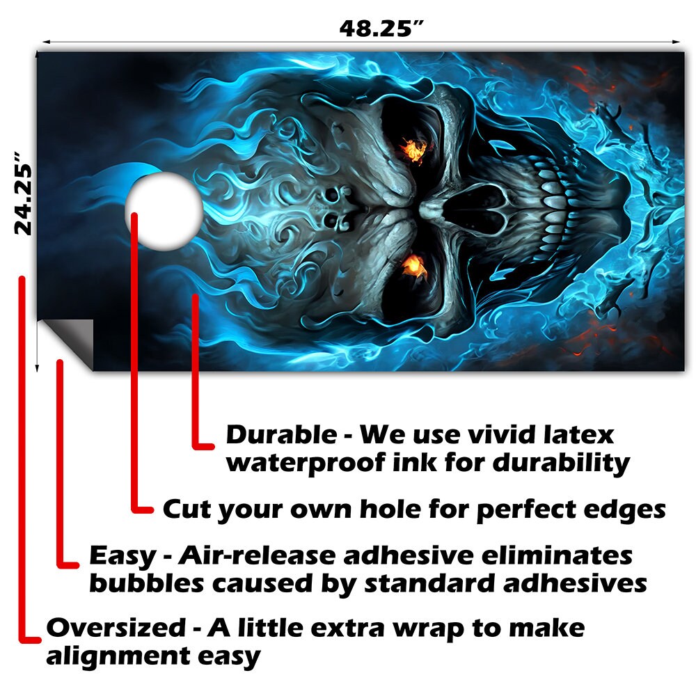 Calavera en llamas azules - Envoltura para tabla de Cornhole - Set de 2