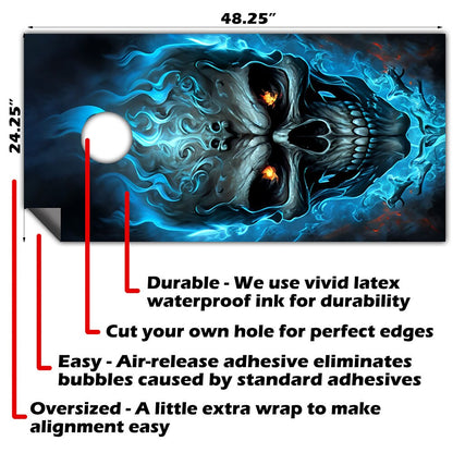 Calavera en llamas azules - Envoltura para tabla de Cornhole - Set de 2