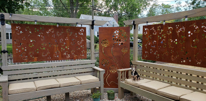 Outdoor privacy screens Rustica Ornamentals rust metal panels with decorative cutouts set of 3 on Tampa Home & Garden Store