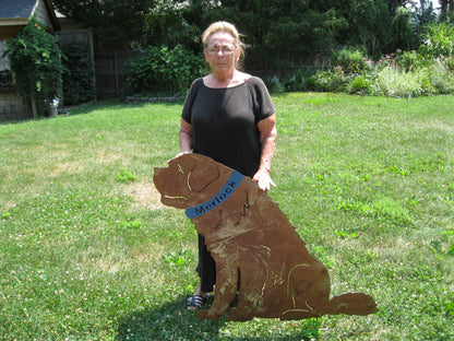 St Bernard garden stake rusted metal silhouette with blue collar lawn ornament for outdoor on Tampa Home & Garden Store