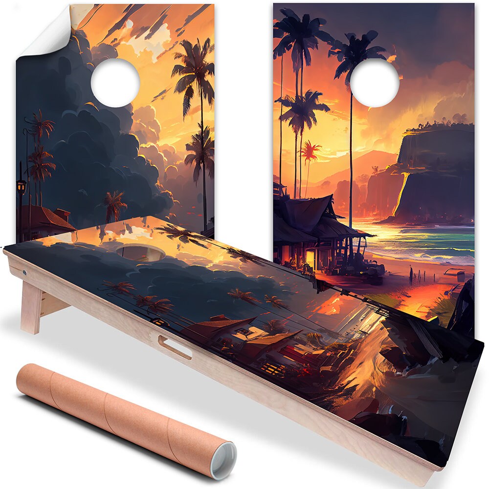Pintura de atardecer tropical - Vinilo para tablero de cornhole - Juego de 2