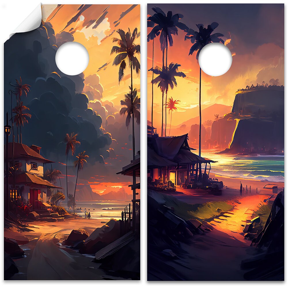 Pintura de atardecer tropical - Vinilo para tablero de cornhole - Juego de 2