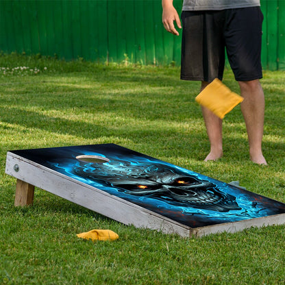 Calavera en llamas azules - Envoltura para tabla de Cornhole - Set de 2