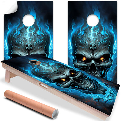 Calavera en llamas azules - Envoltura para tabla de Cornhole - Set de 2