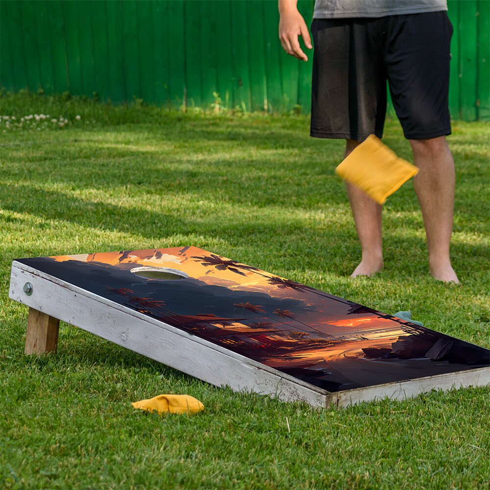 Pintura de atardecer tropical - Vinilo para tablero de cornhole - Juego de 2