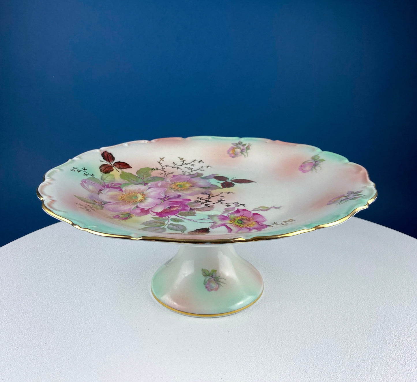 Soporte para tartas vintage Schumann Arzberg Alemania: porcelana rosa de té pintada a mano