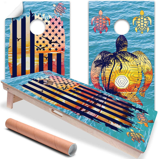 Sunset Sea Turtle and American Flag - Cornhole Board Wrap - Set of 2 - Tampa Home & Garden Store