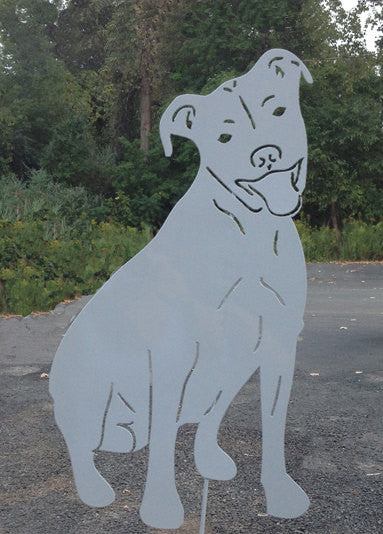 Pit Bull garden statue by Rustica Ornamentals, gray metal lawn ornament on Tampa Home & Garden Store