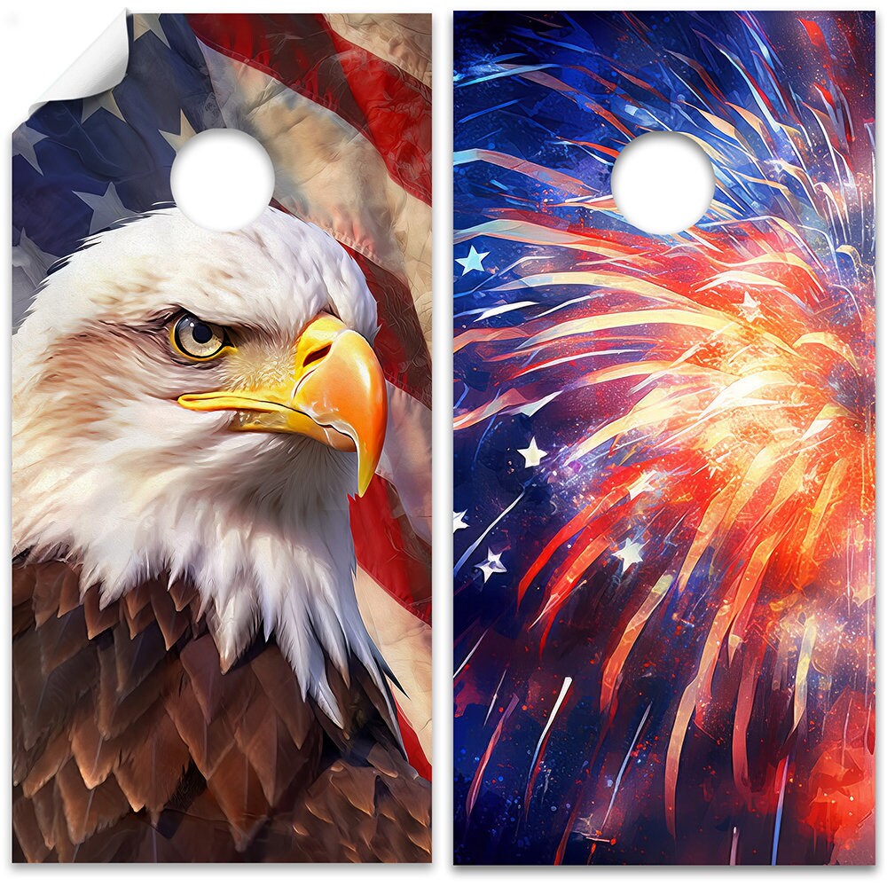 Águila Americana de EE. UU. y Fuegos Artificiales - Vinilo para Juego de Cornhole - Juego de 2