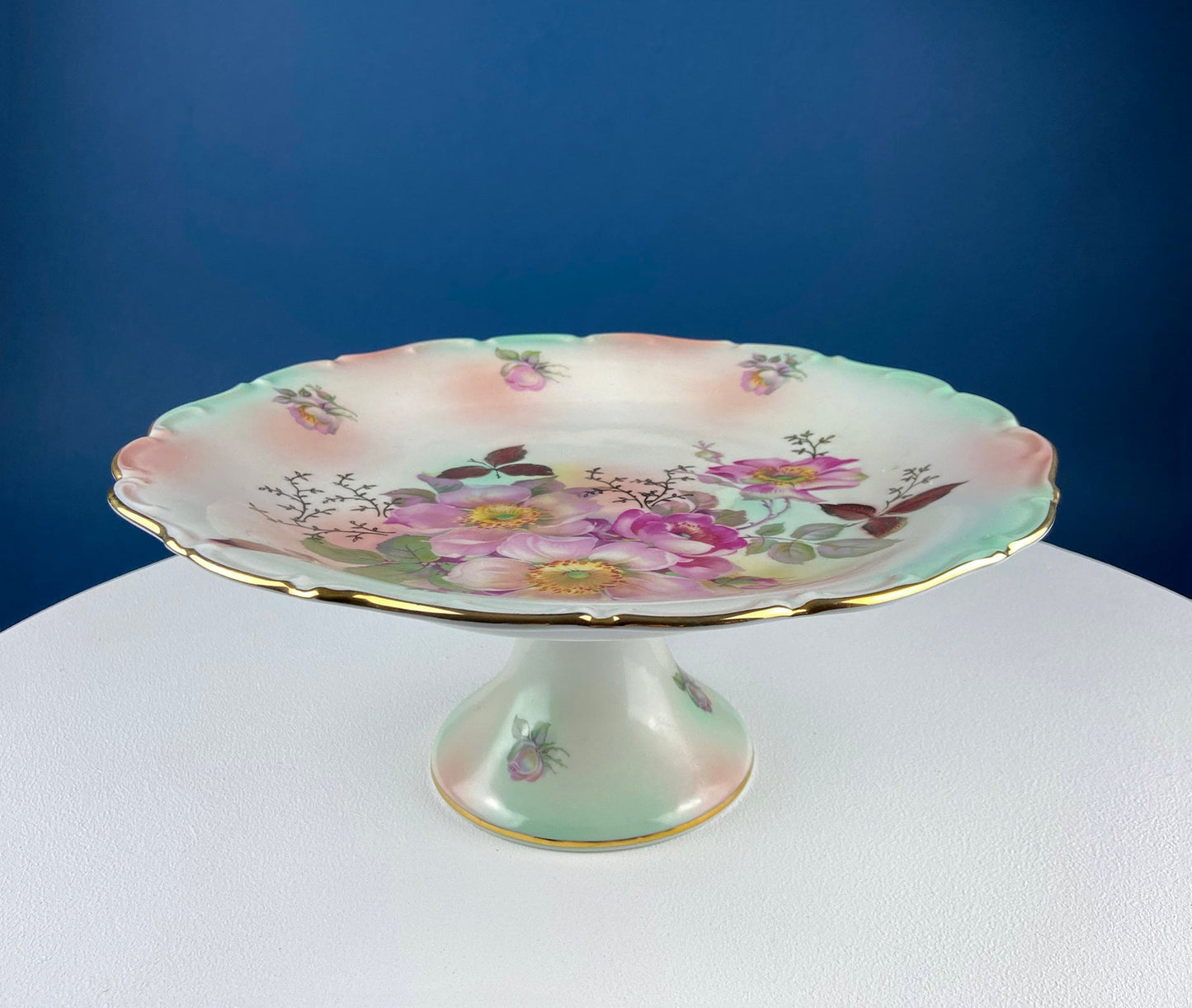 Soporte para tartas vintage Schumann Arzberg Alemania: porcelana rosa de té pintada a mano