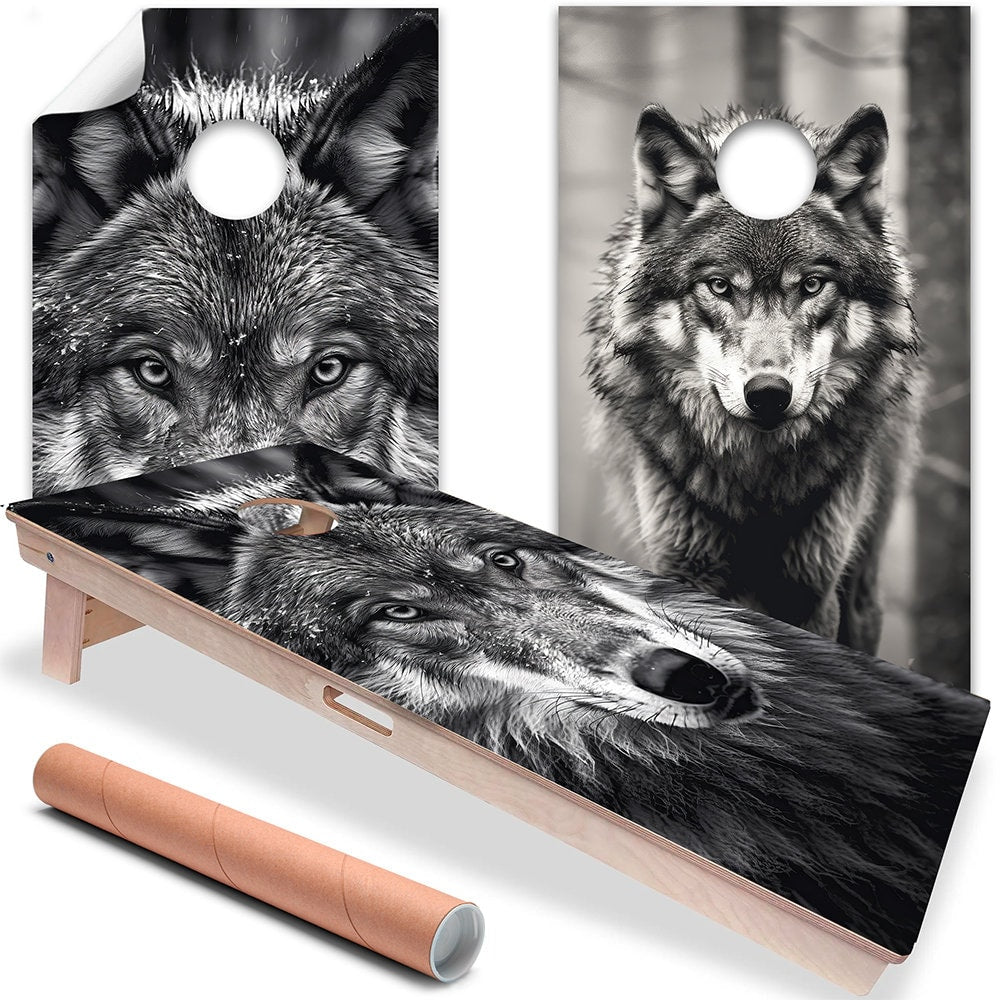 Retrato de lobos blancos y negros - Adhesivo para tablero de cornhole - Juego de 2