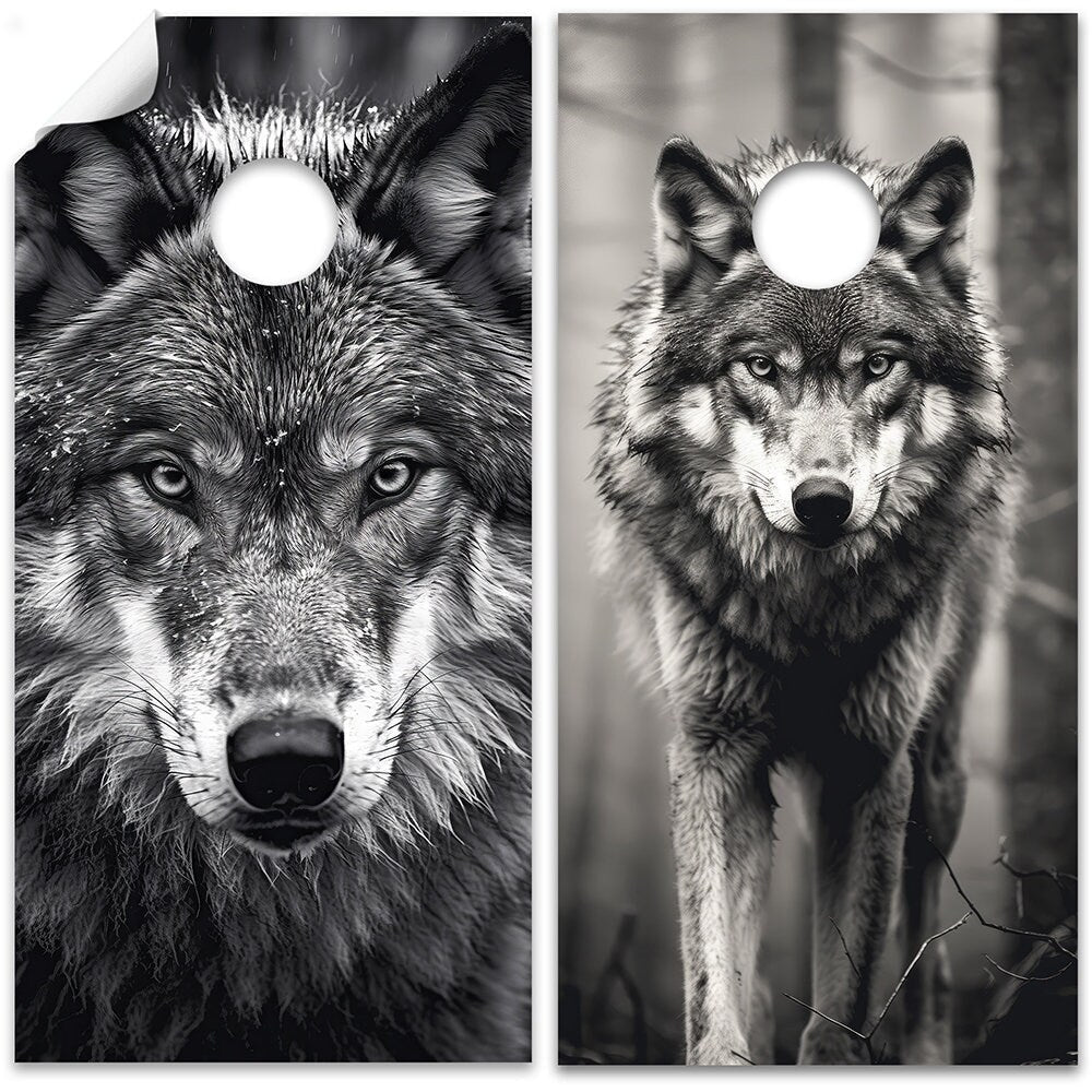 Retrato de lobos blancos y negros - Adhesivo para tablero de cornhole - Juego de 2