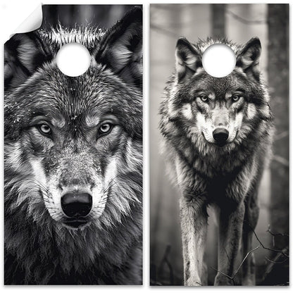 Retrato de lobos blancos y negros - Adhesivo para tablero de cornhole - Juego de 2