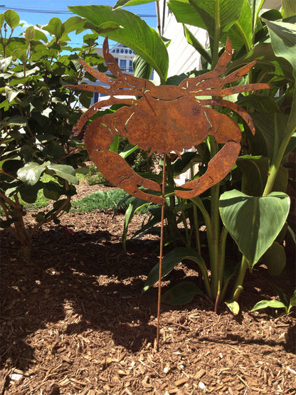 Crab garden stake sculpture by Rustica Ornamentals, rusted metal lawn art on stake in garden on Tampa Home & Garden Store