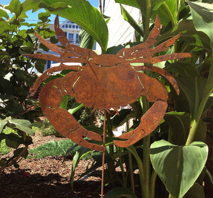 Crab garden stake metal sculpture in rusty finish for outdoor lawn decor on Tampa Home & Garden Store