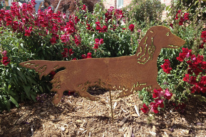 Long Haired Dachshund lawn ornament rusted metal silhouette by Rustica Ornamentals on Tampa Home & Garden Store