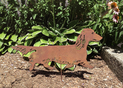Long Haired Dachshund rusted metal lawn ornament stake by Rustica Ornamentals on Tampa Home & Garden Store
