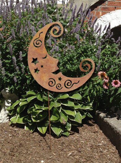 Metal Moon Wall Art rust finish iron crescent with star cutouts, Rustica Ornamentals garden decor on Tampa Home & Garden Store