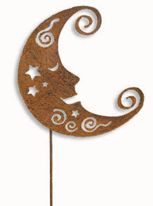 Metal Moon wall art by Rustica Ornamentals, rust finish garden stake on Tampa Home & Garden Store