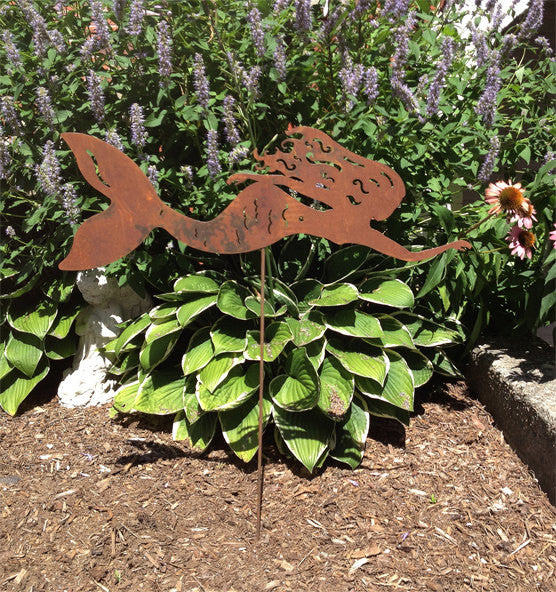 Mermaid garden statue on stake in rusted metal, Rustica Ornamentals lawn ornament on Tampa Home & Garden Store