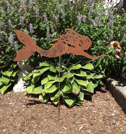 Mermaid garden statue on stake in rusted metal, Rustica Ornamentals lawn ornament on Tampa Home & Garden Store