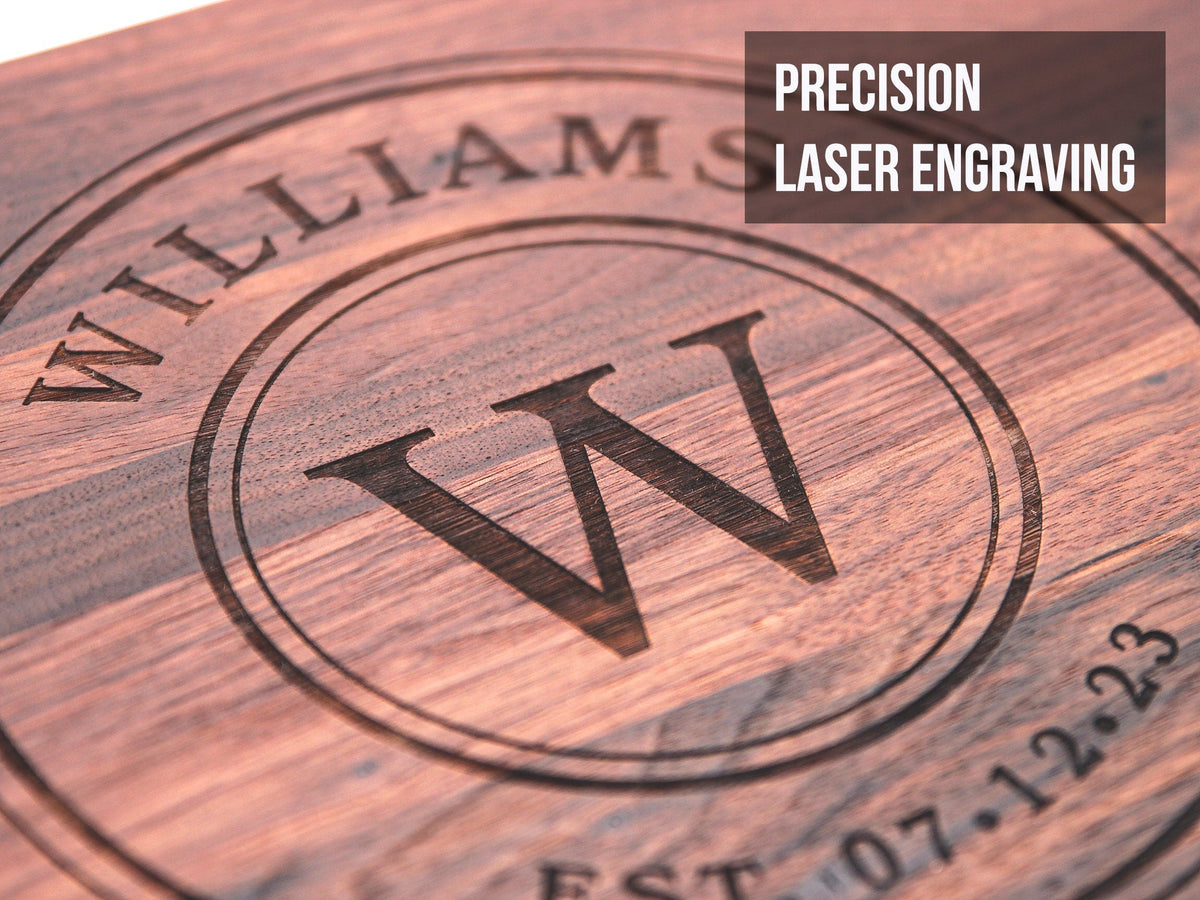 Personalized walnut and maple cutting board with laser engraving by Refine Kitchenware on Tampa Home & Garden Store