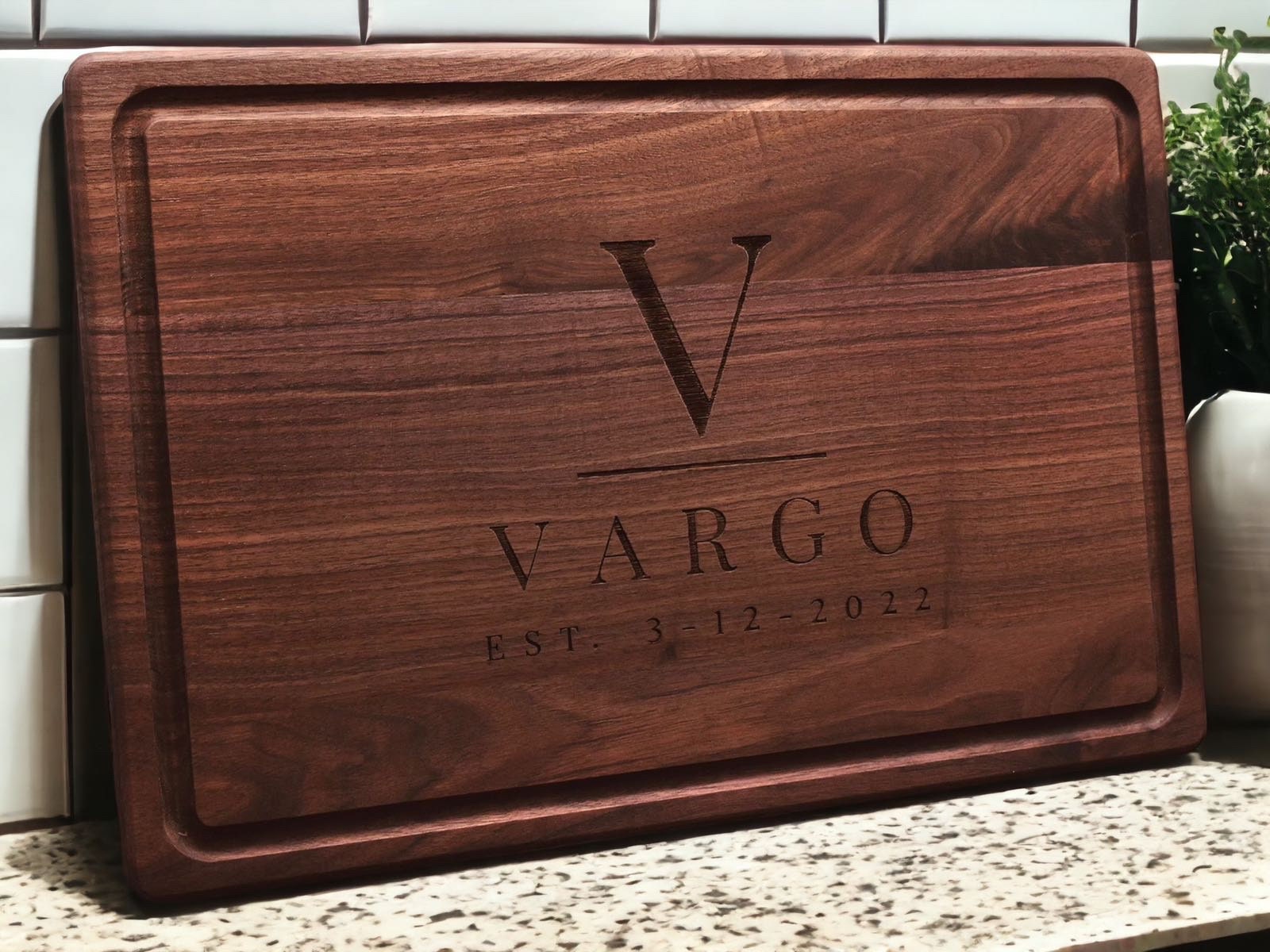 Personalized wooden cutting board with VARGO EST 3-12-2022 by Refine Kitchenware USA made on Tampa Home & Garden Store