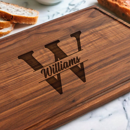 Extra large walnut cutting board with a bold engraved monogram 24x18 on Tampa Home & Garden Store