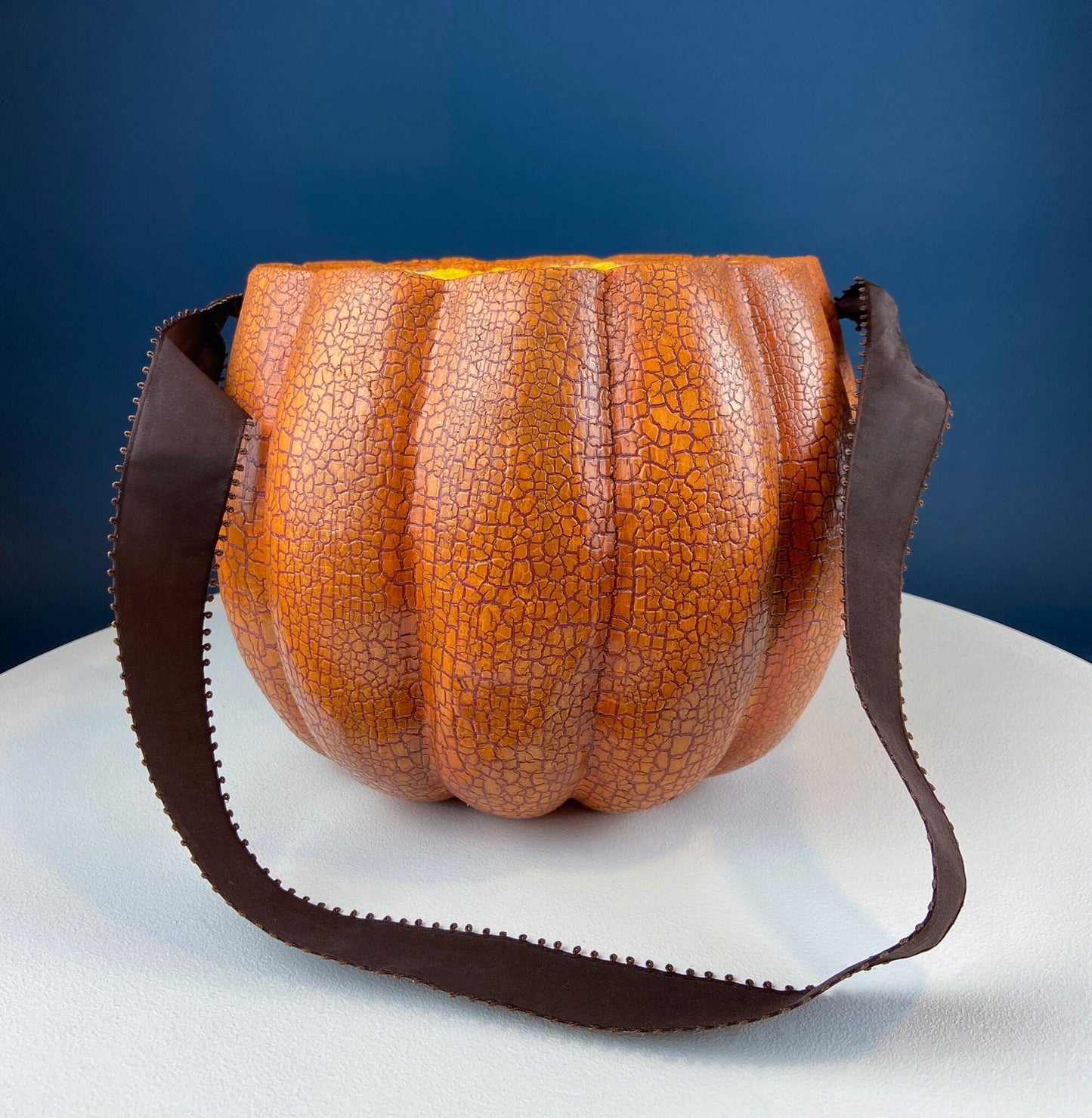 Vintage Papier Mache Jack-O-Lantern. Large Pumpkin Basket. Cute Hand Painted Face. Crackle Paint. Ribbon Handle. Halloween Candy Give Away.