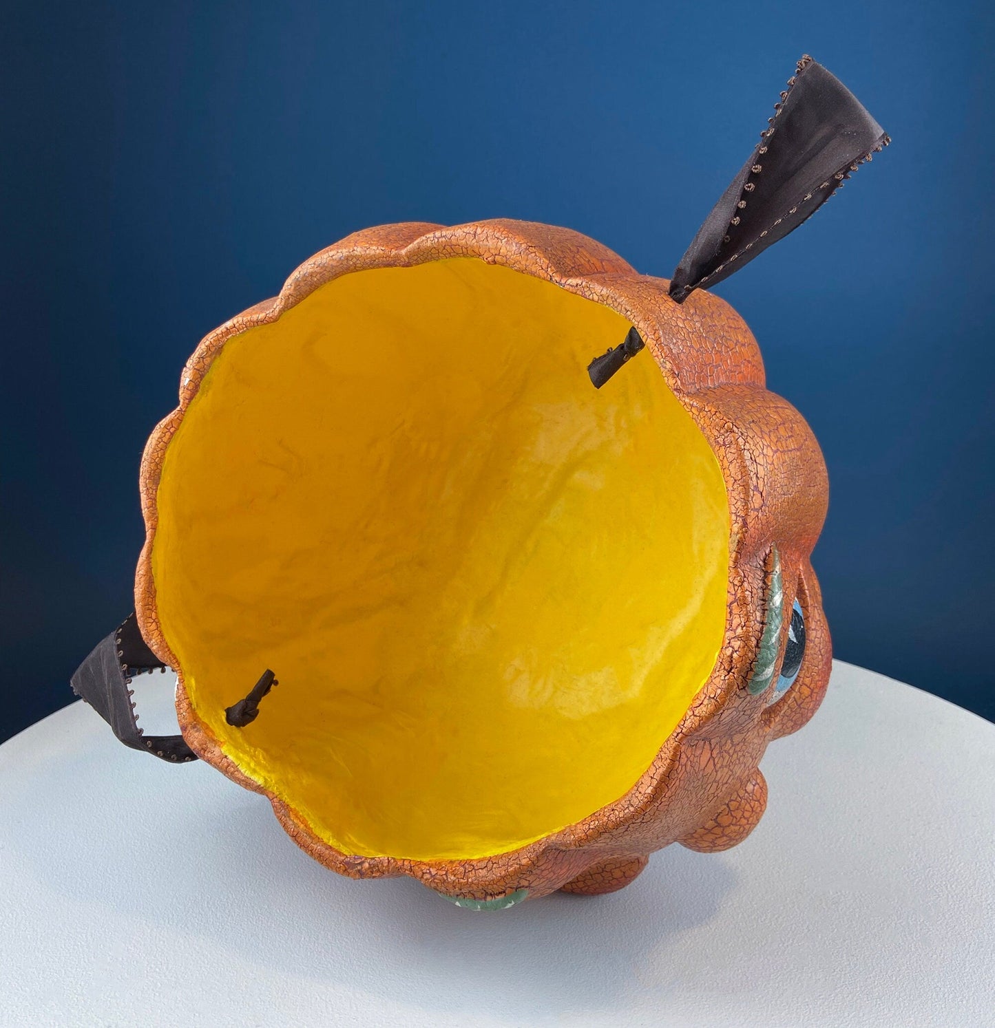 Vintage Papier Mache Jack-O-Lantern. Large Pumpkin Basket. Cute Hand Painted Face. Crackle Paint. Ribbon Handle. Halloween Candy Give Away.